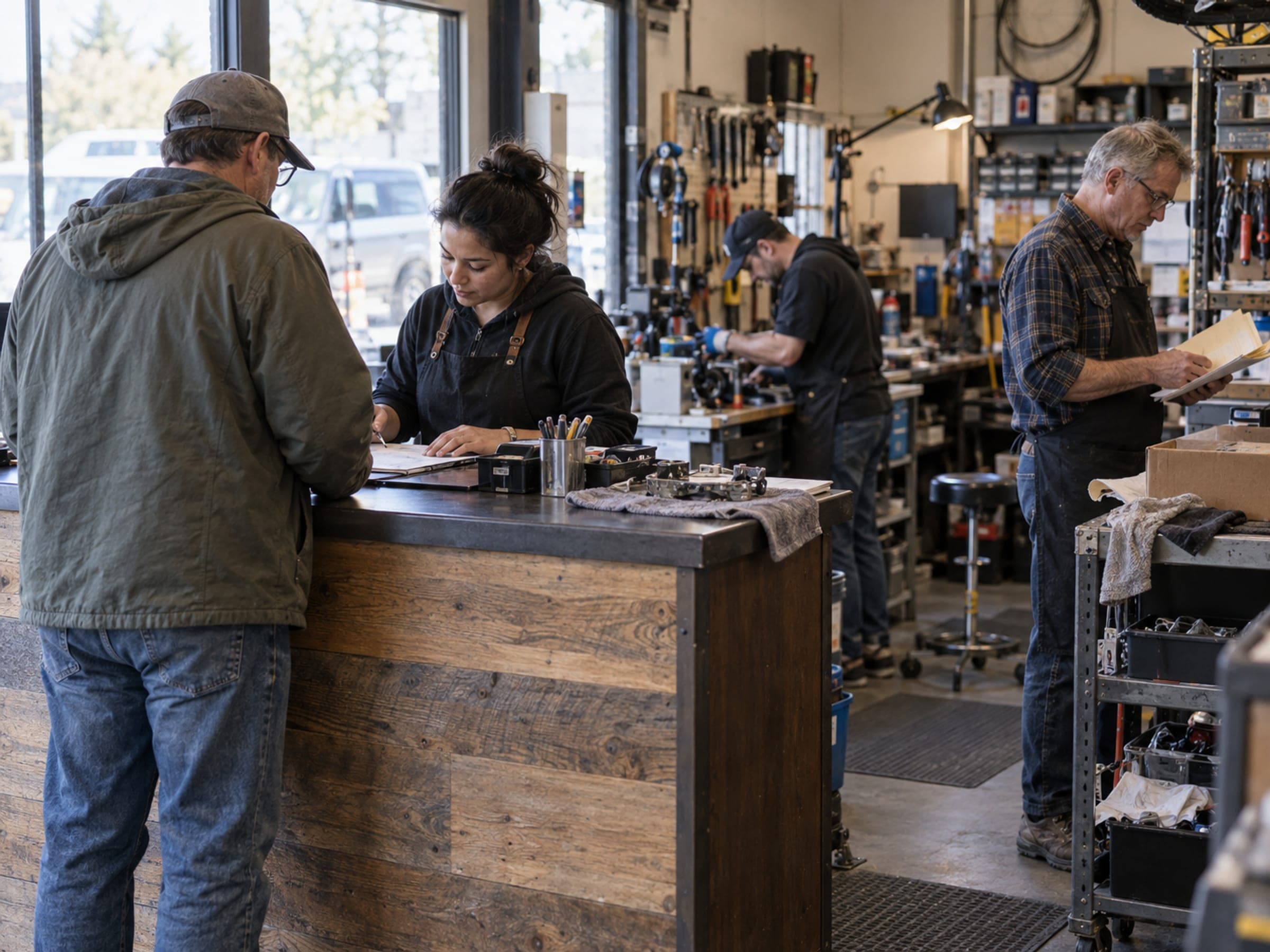 A working business with several things happening at once: staff at a counter, work in progress on the bench and a customer waiting.