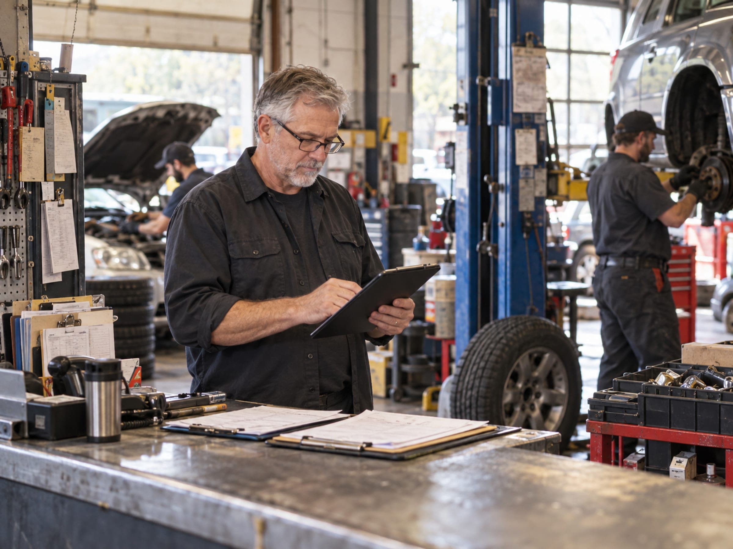 A garage owner on the phone with a work order in his hand while a technician moves a wheel behind him.