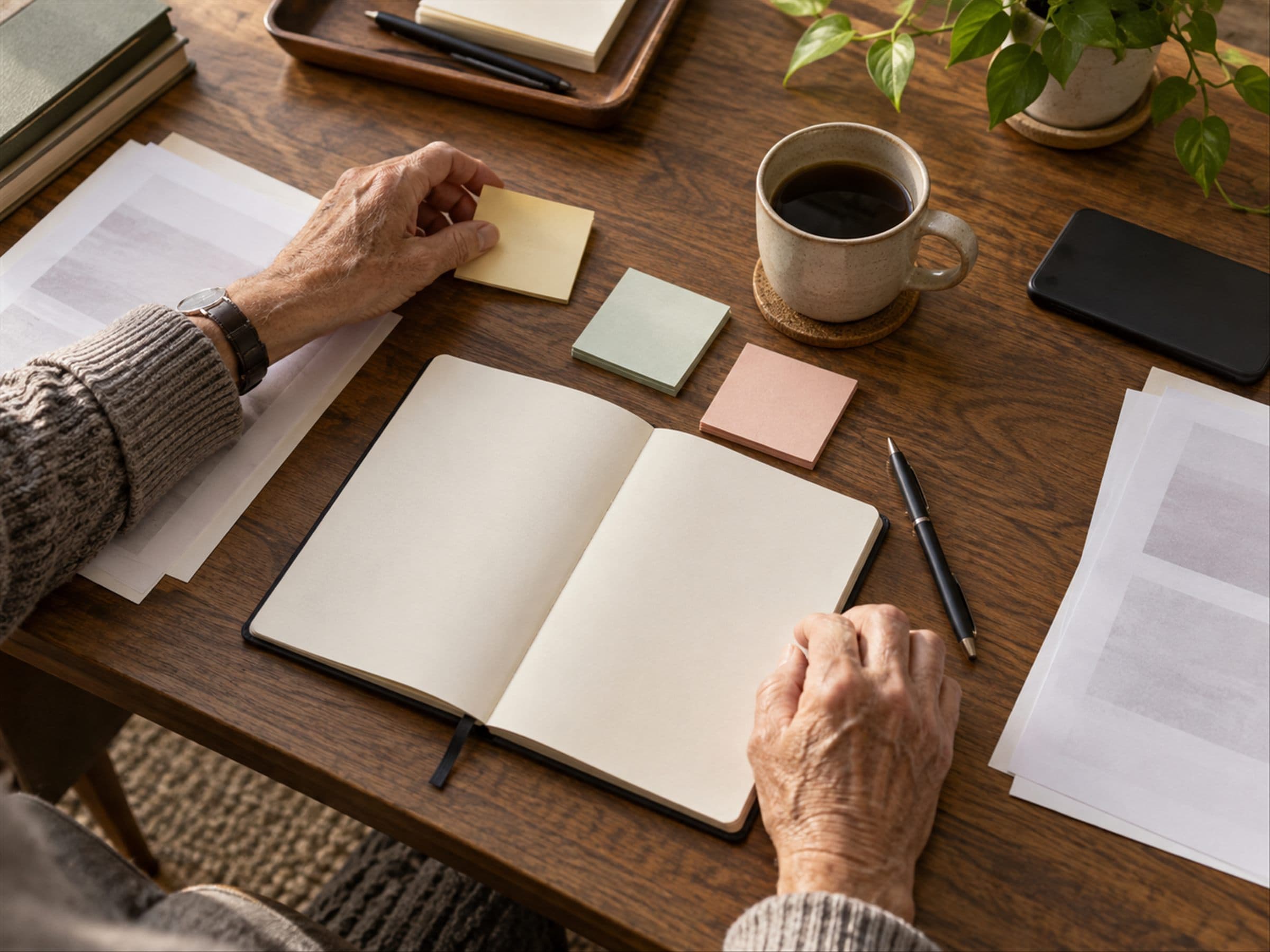 An open notebook, loose notes and a coffee on a desk part-way through a week of thinking.