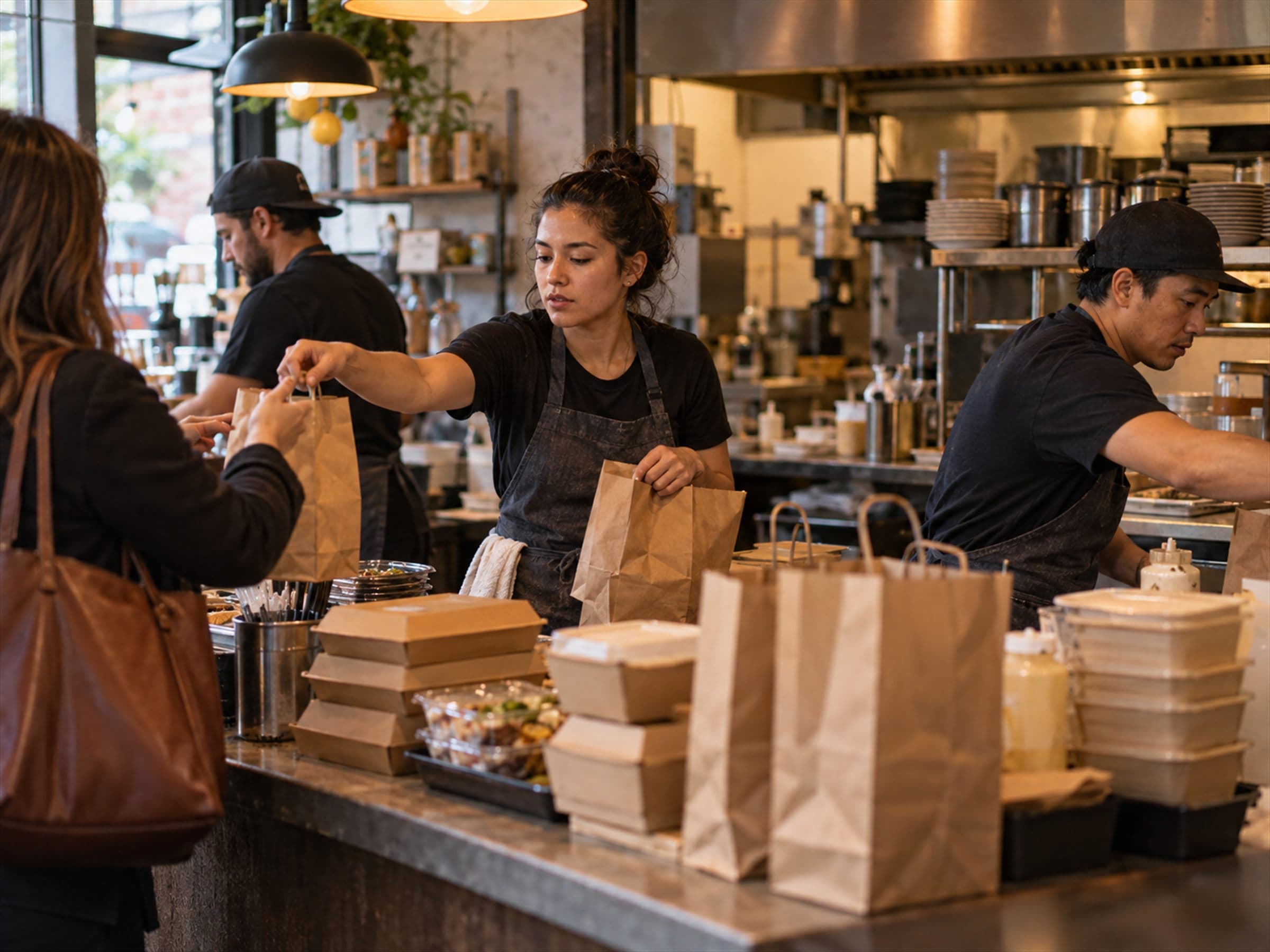 A busy counter with orders backing up and staff working through a queue of bags.