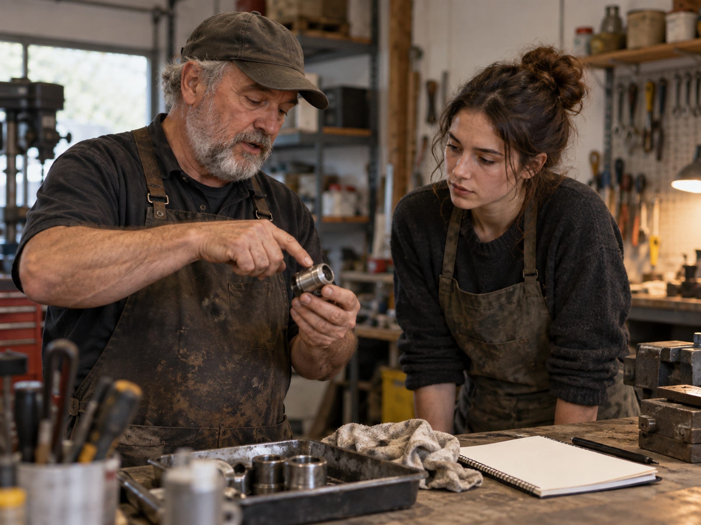 An experienced machinist explaining a part to a younger colleague who is writing down what he says.