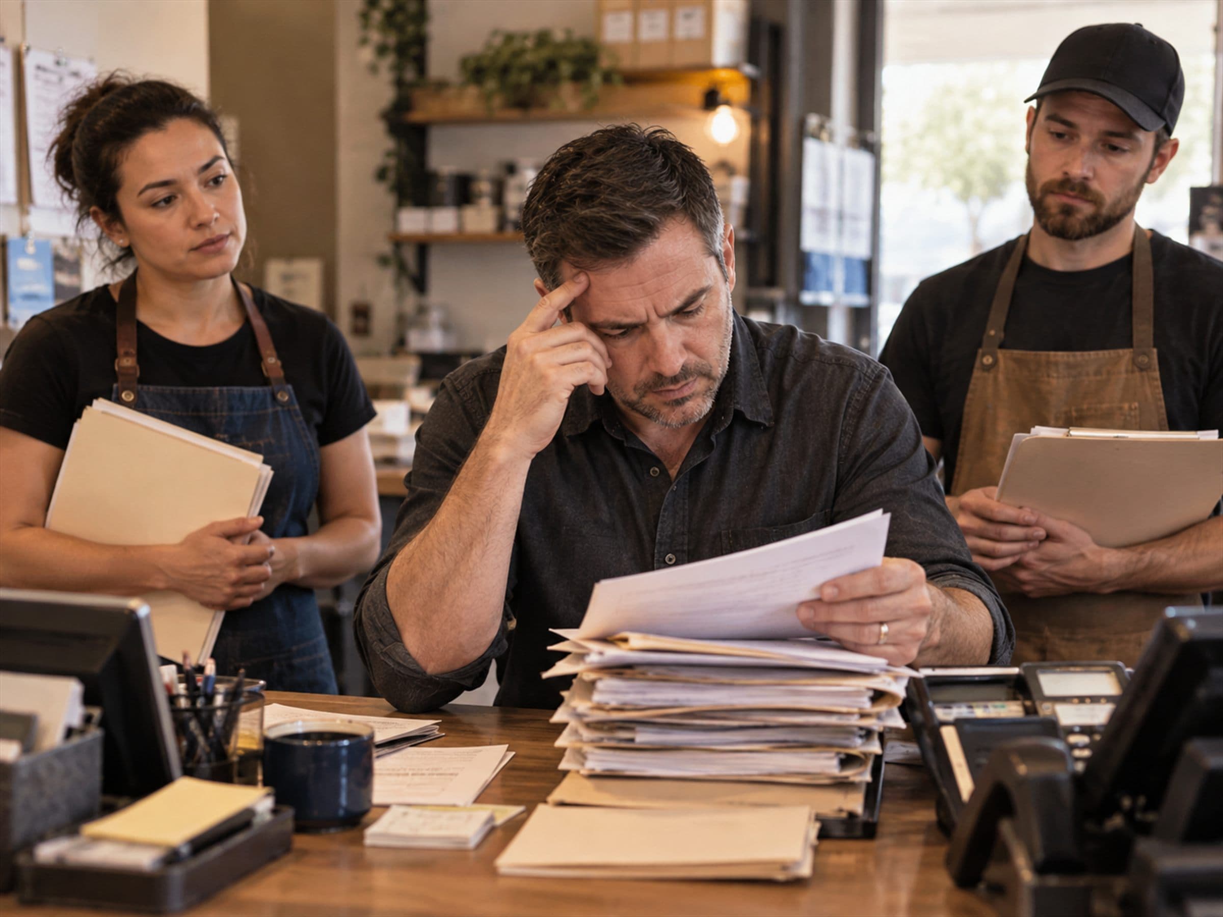 An owner working through a stack of paperwork while two members of staff wait behind him to have something approved.