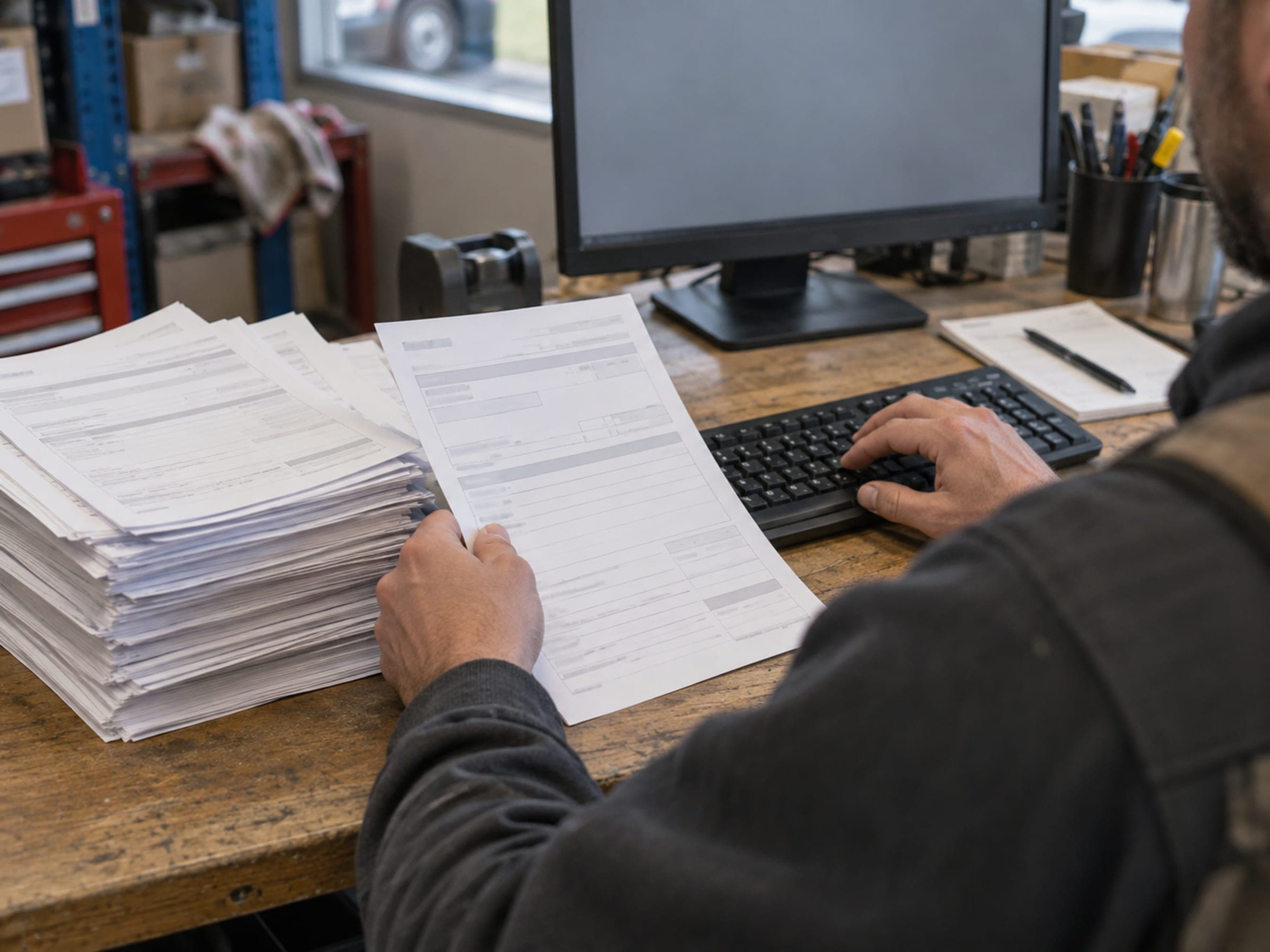 Someone retyping information from a stack of paper into a computer, with most of the stack still to go.