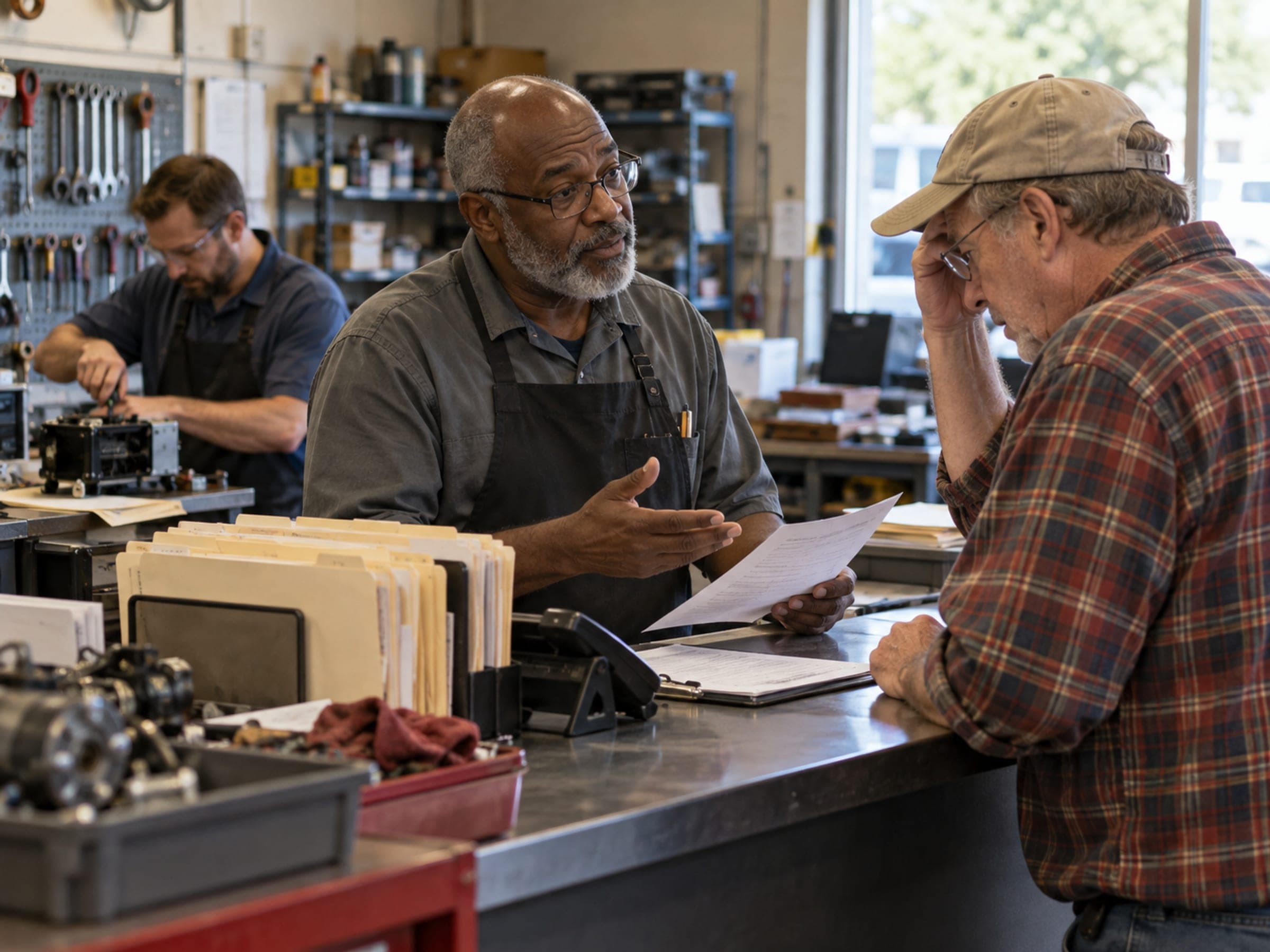 A customer at a repair counter holding up a part and a receipt while the owner listens, unconvinced.