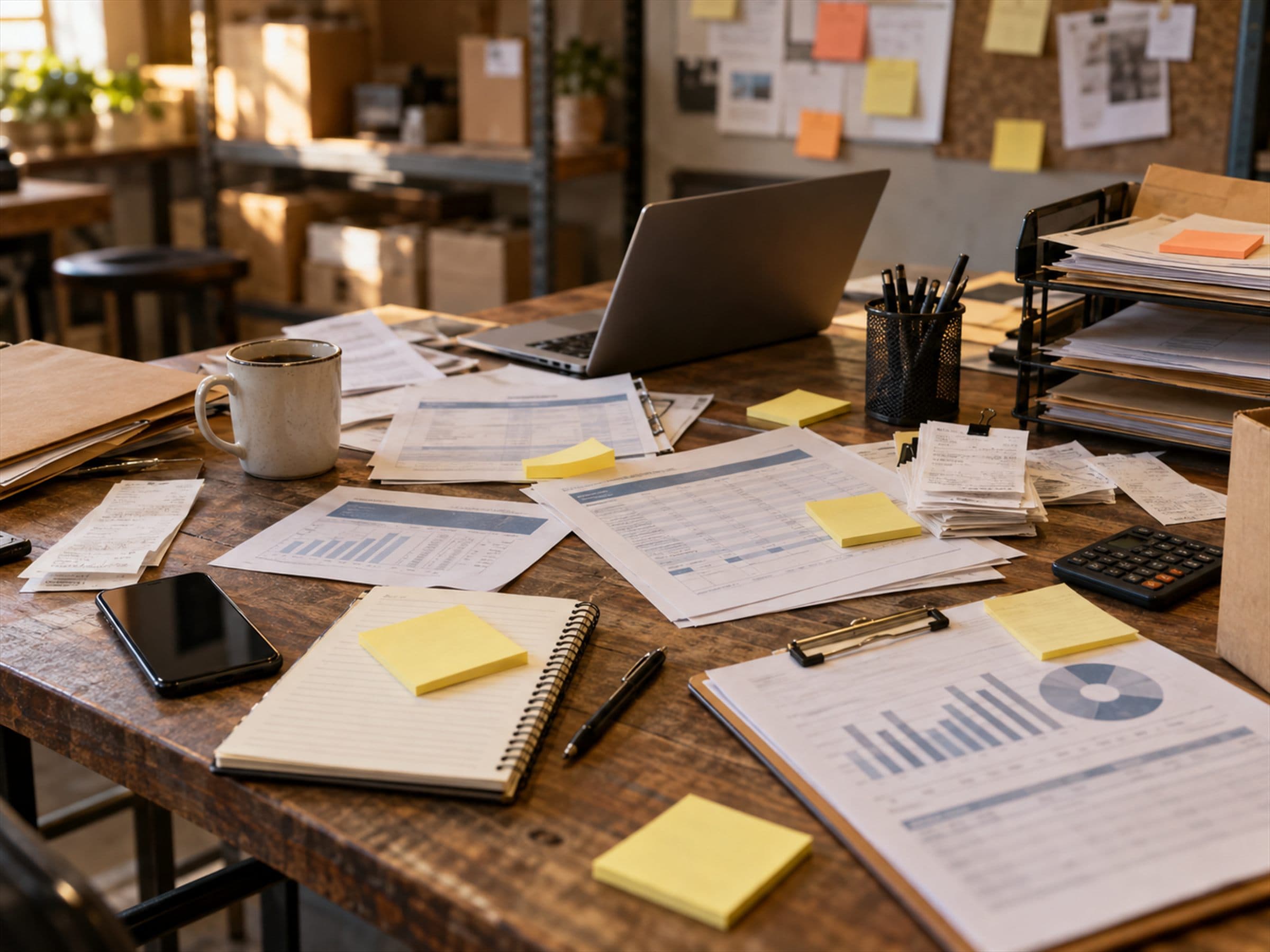 A desk covered with printed reports, receipts and handwritten notes, several versions of the same information at once.