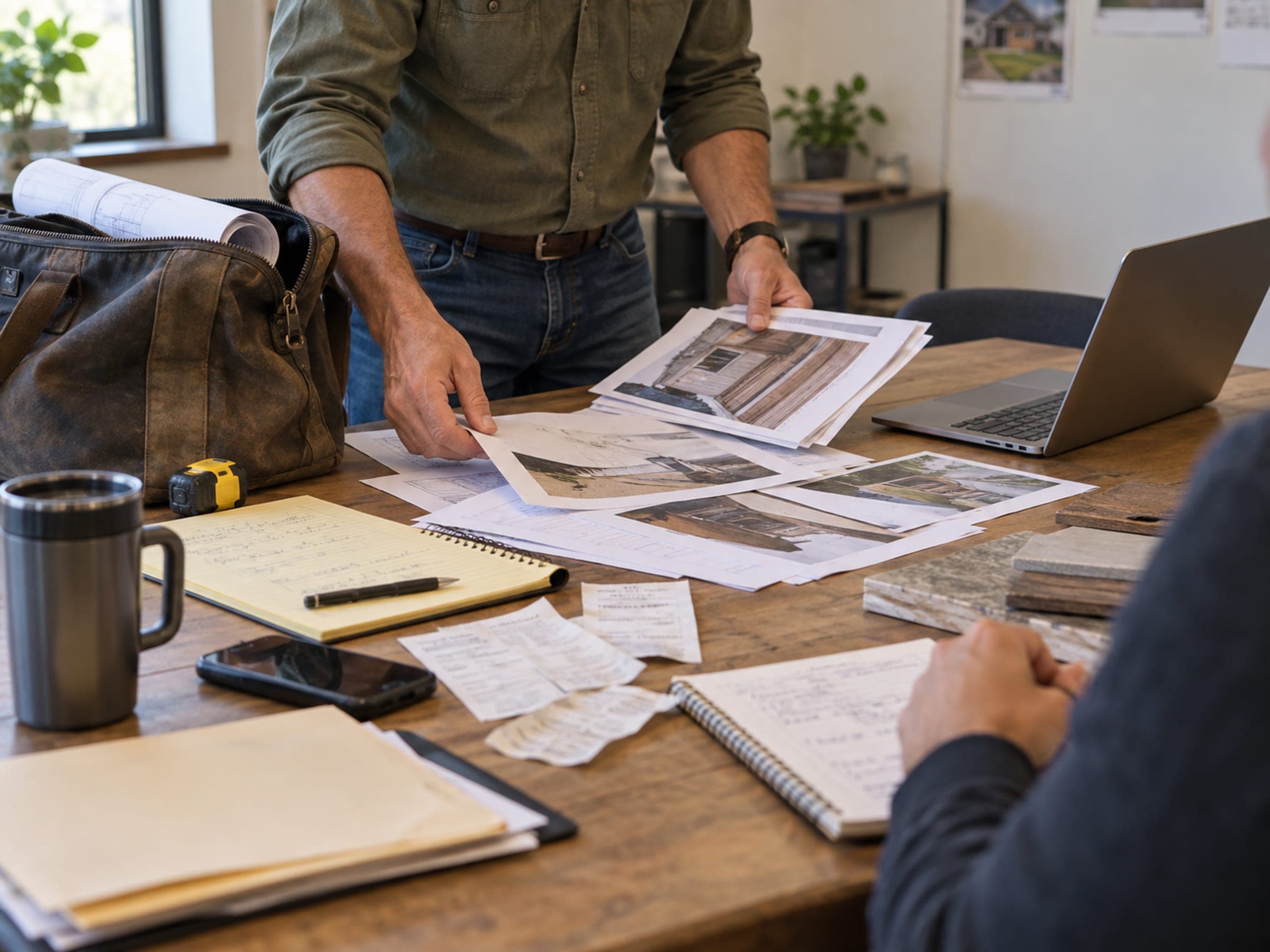Someone arriving for a working session, unpacking notes and printed examples onto a table.